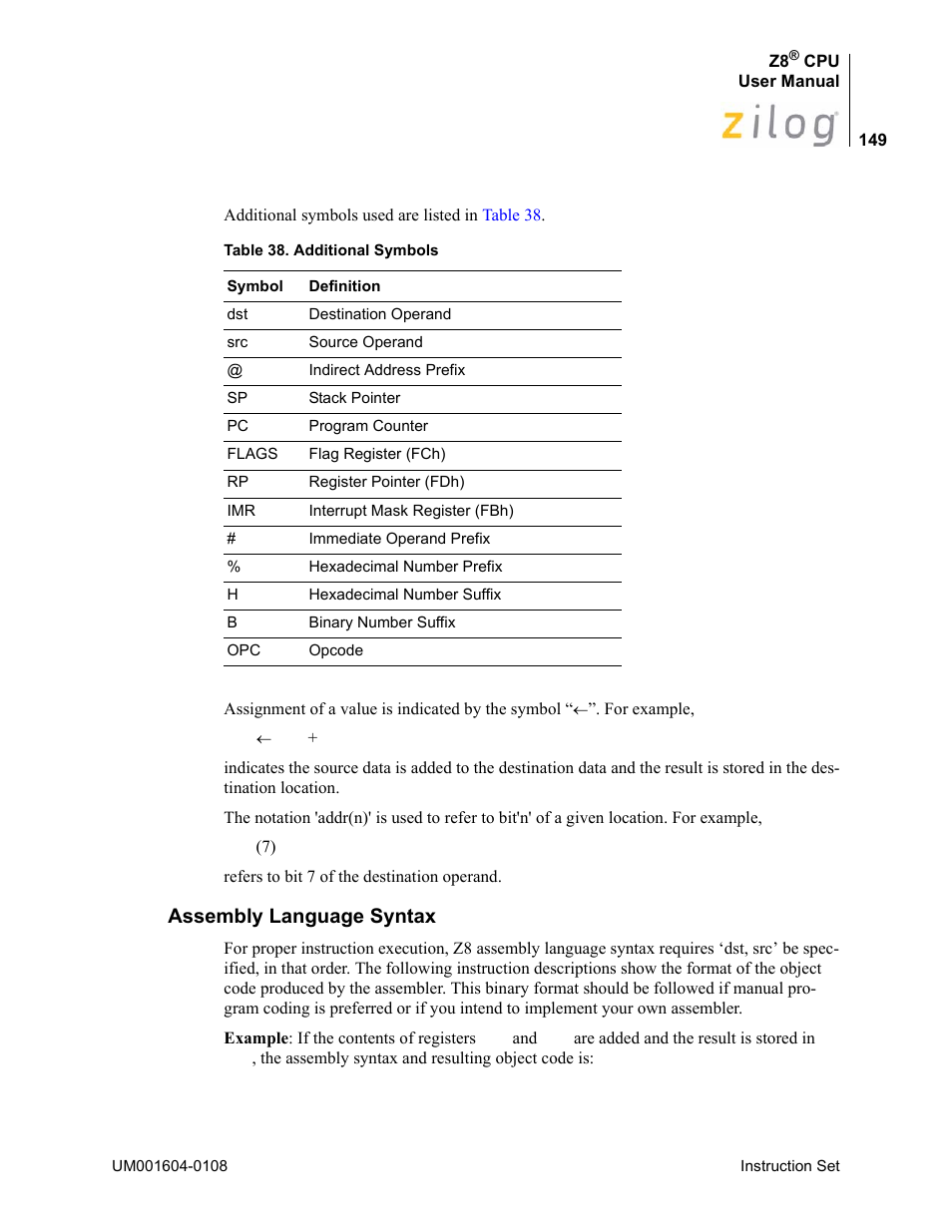 Assembly language syntax | Zilog Z86193 User Manual | Page 156 / 260