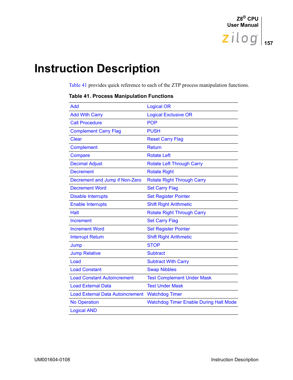 Instruction description, Nd b1 in, Instruction | Description | Zilog Z86193 User Manual | Page 164 / 260