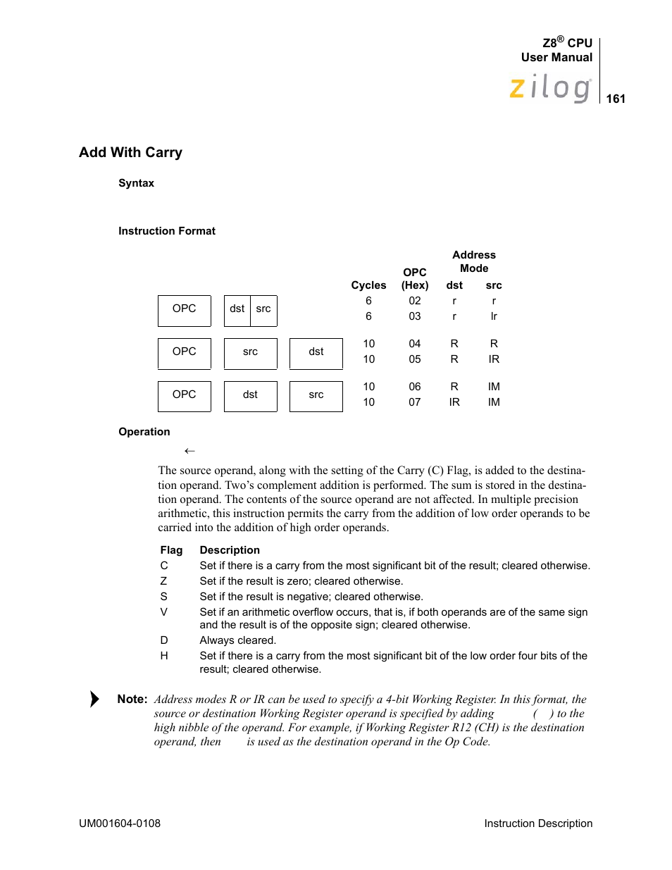 Add with carry | Zilog Z86193 User Manual | Page 168 / 260
