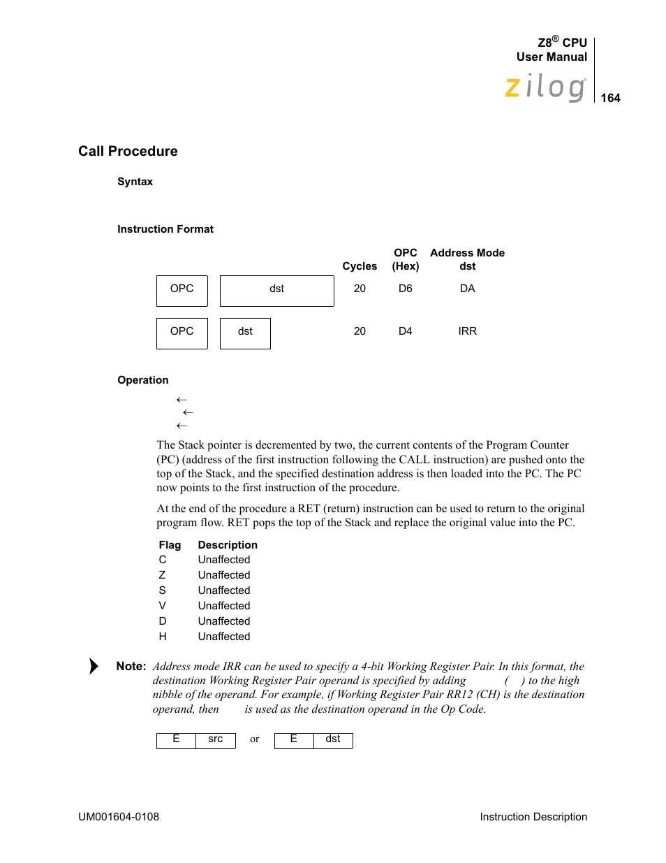 Call procedure | Zilog Z86193 User Manual | Page 171 / 260