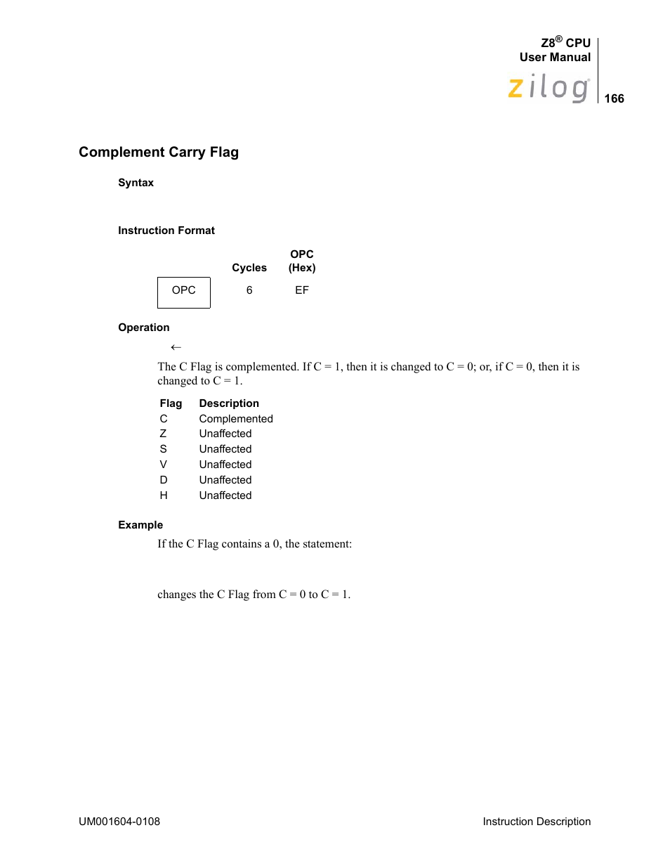 Complement carry flag | Zilog Z86193 User Manual | Page 173 / 260