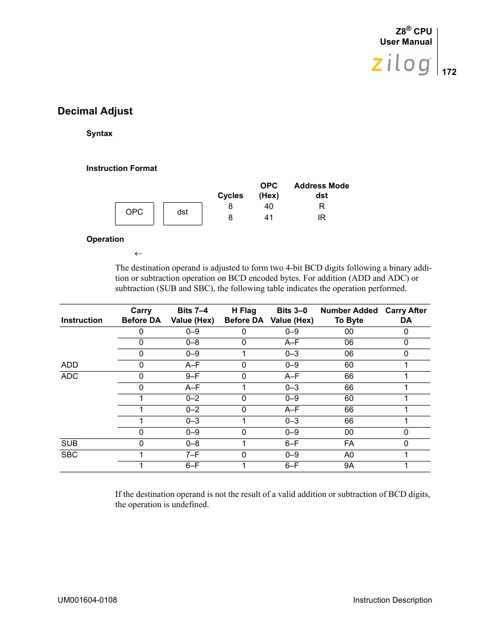 Decimal adjust | Zilog Z86193 User Manual | Page 179 / 260