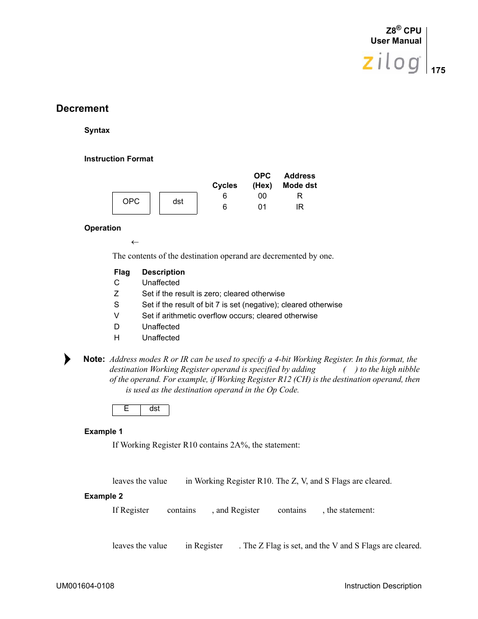 Decrement | Zilog Z86193 User Manual | Page 182 / 260