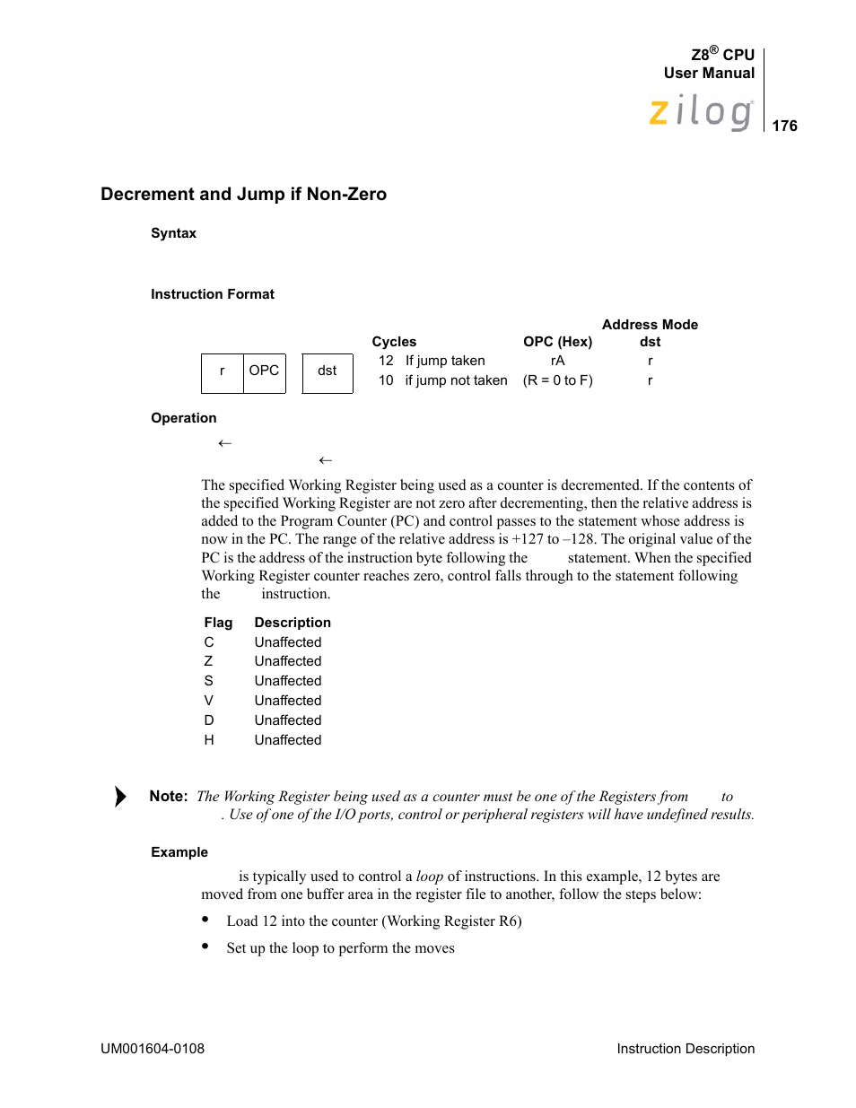 Decrement and jump if non-zero | Zilog Z86193 User Manual | Page 183 / 260