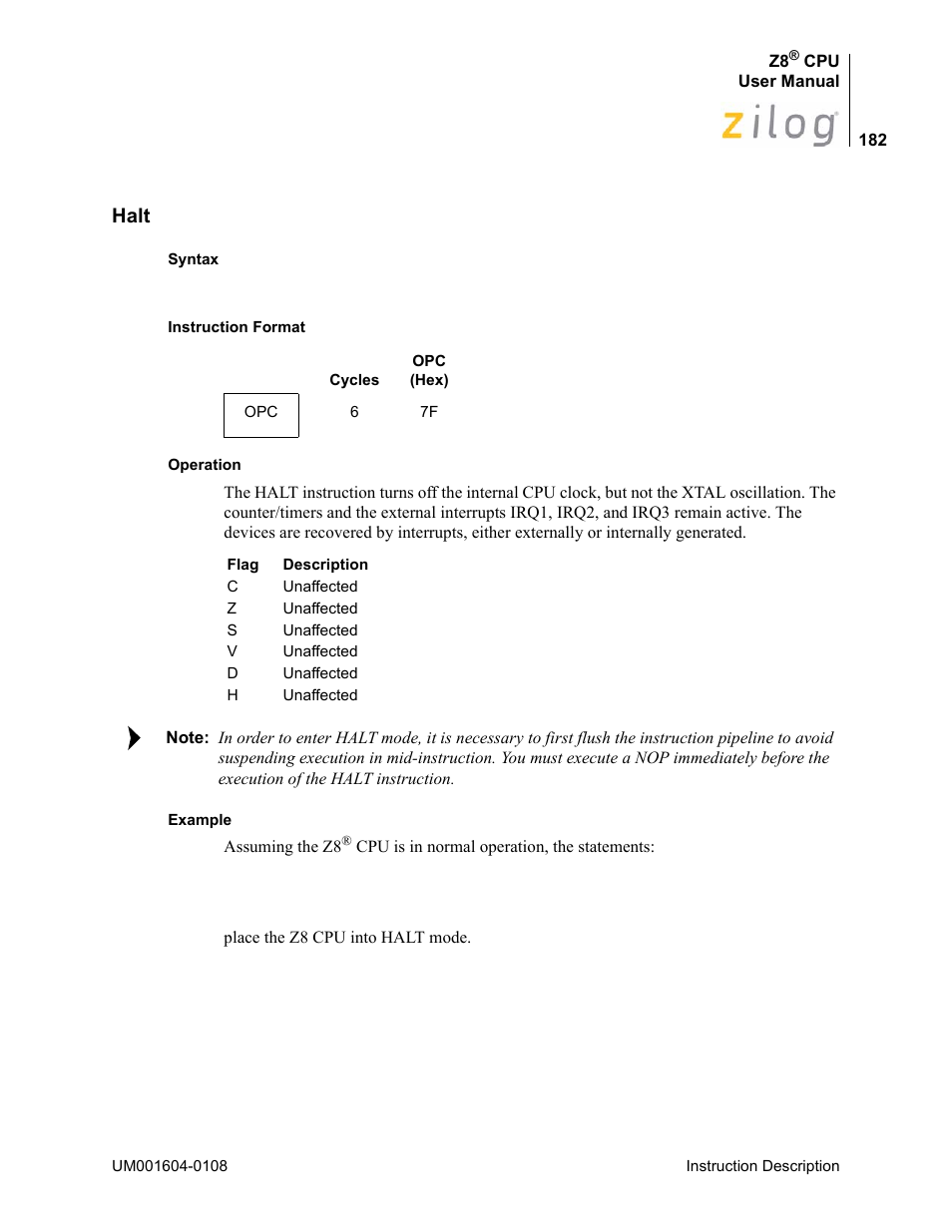 Halt | Zilog Z86193 User Manual | Page 189 / 260