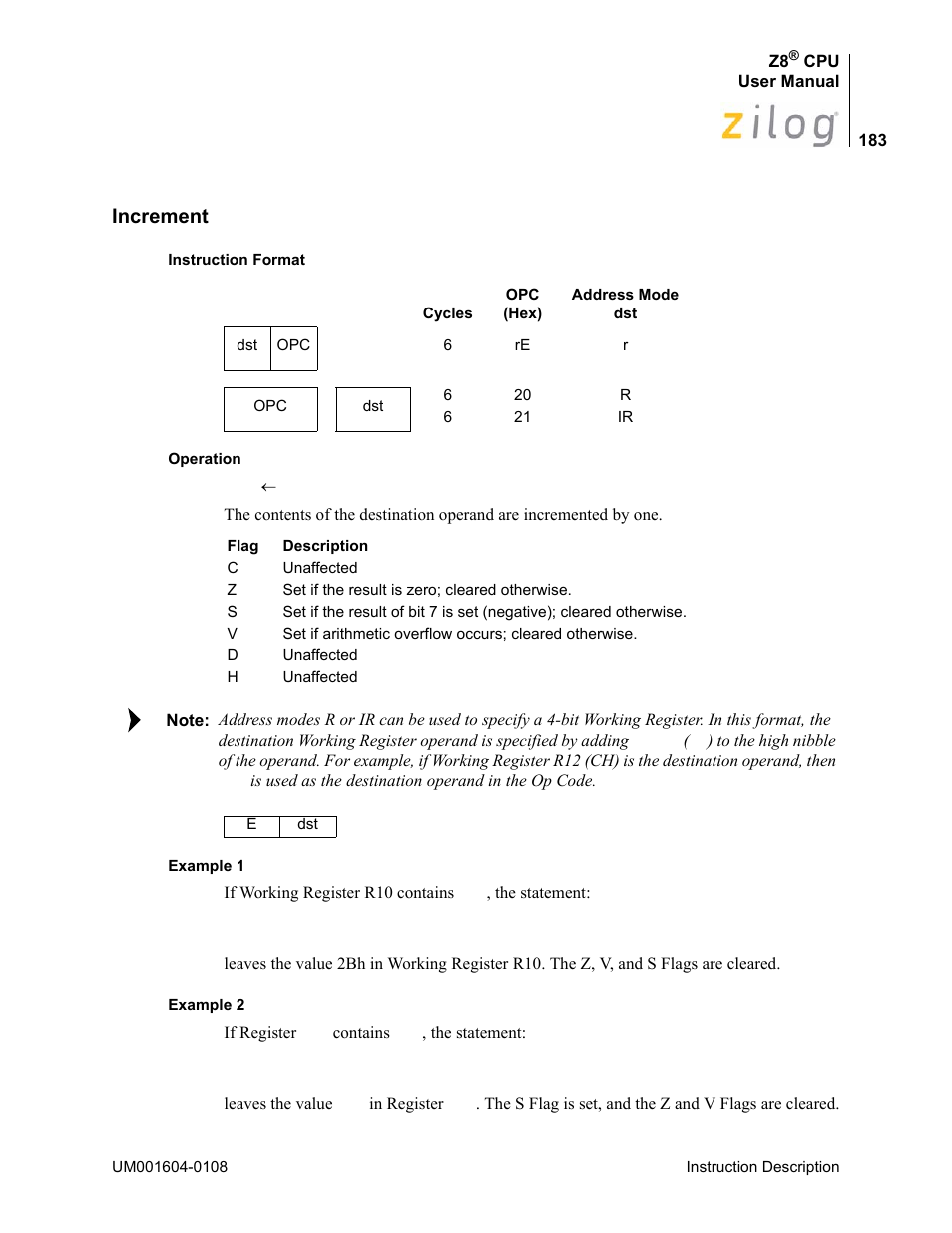 Increment | Zilog Z86193 User Manual | Page 190 / 260