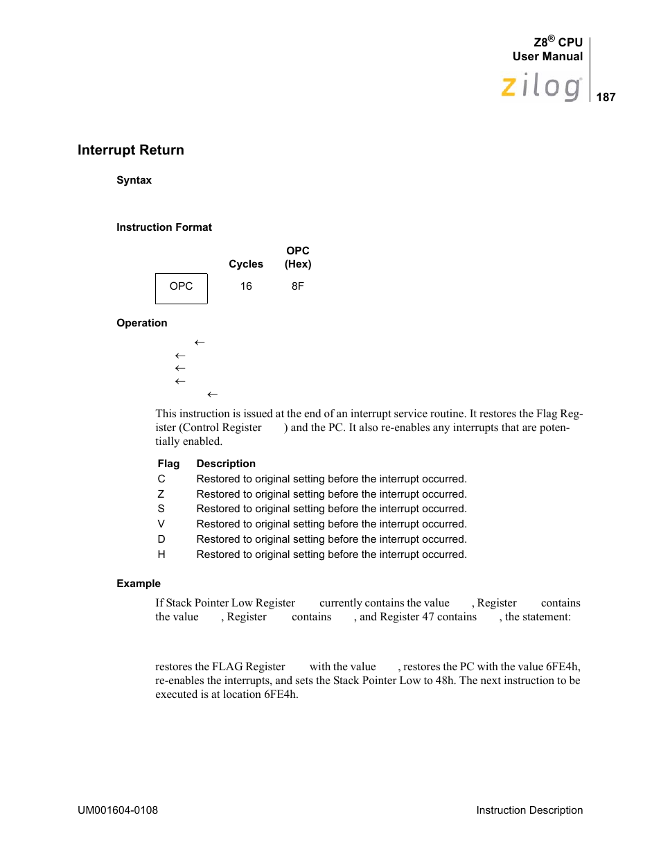 Interrupt return | Zilog Z86193 User Manual | Page 194 / 260