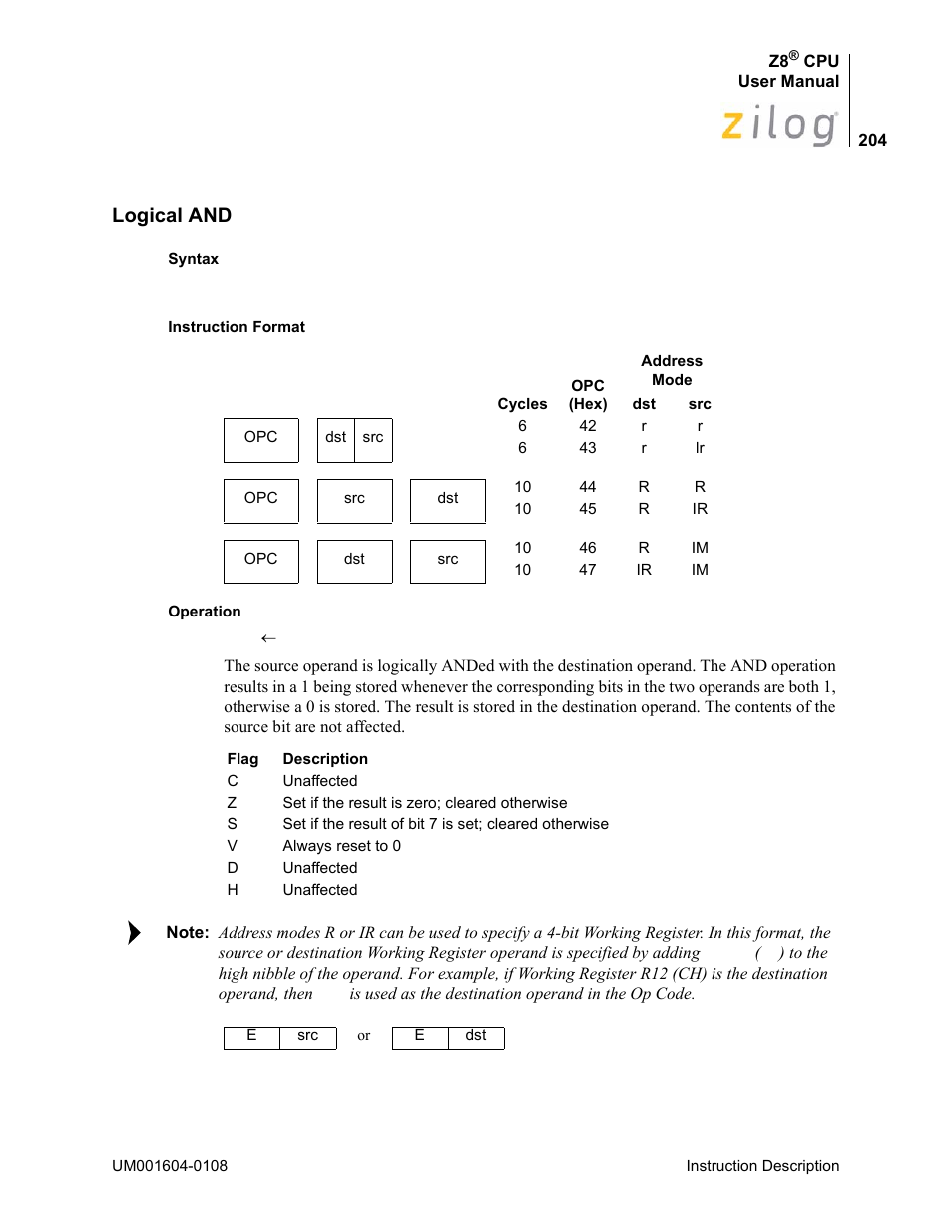 Logical and | Zilog Z86193 User Manual | Page 211 / 260