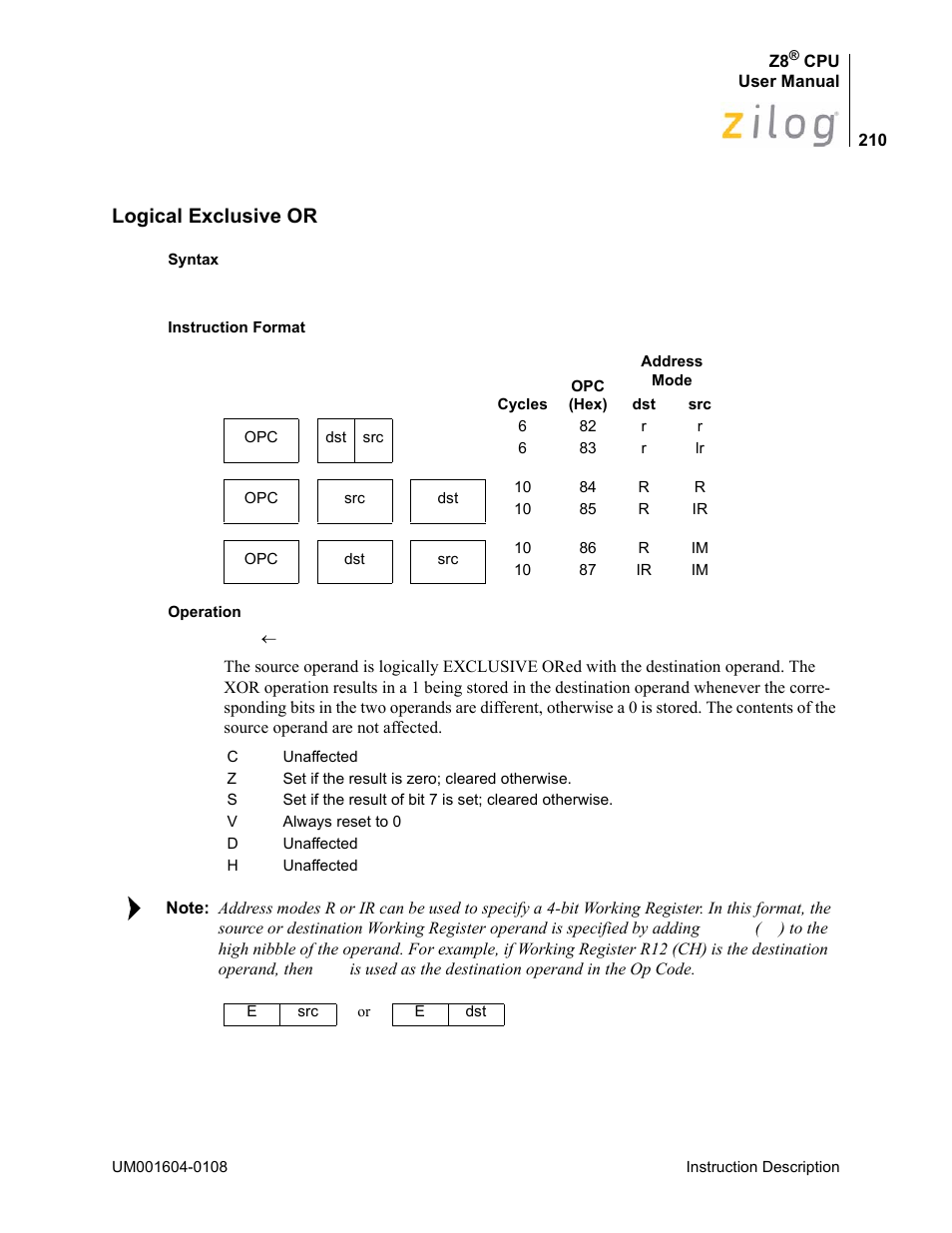 Logical exclusive or | Zilog Z86193 User Manual | Page 217 / 260