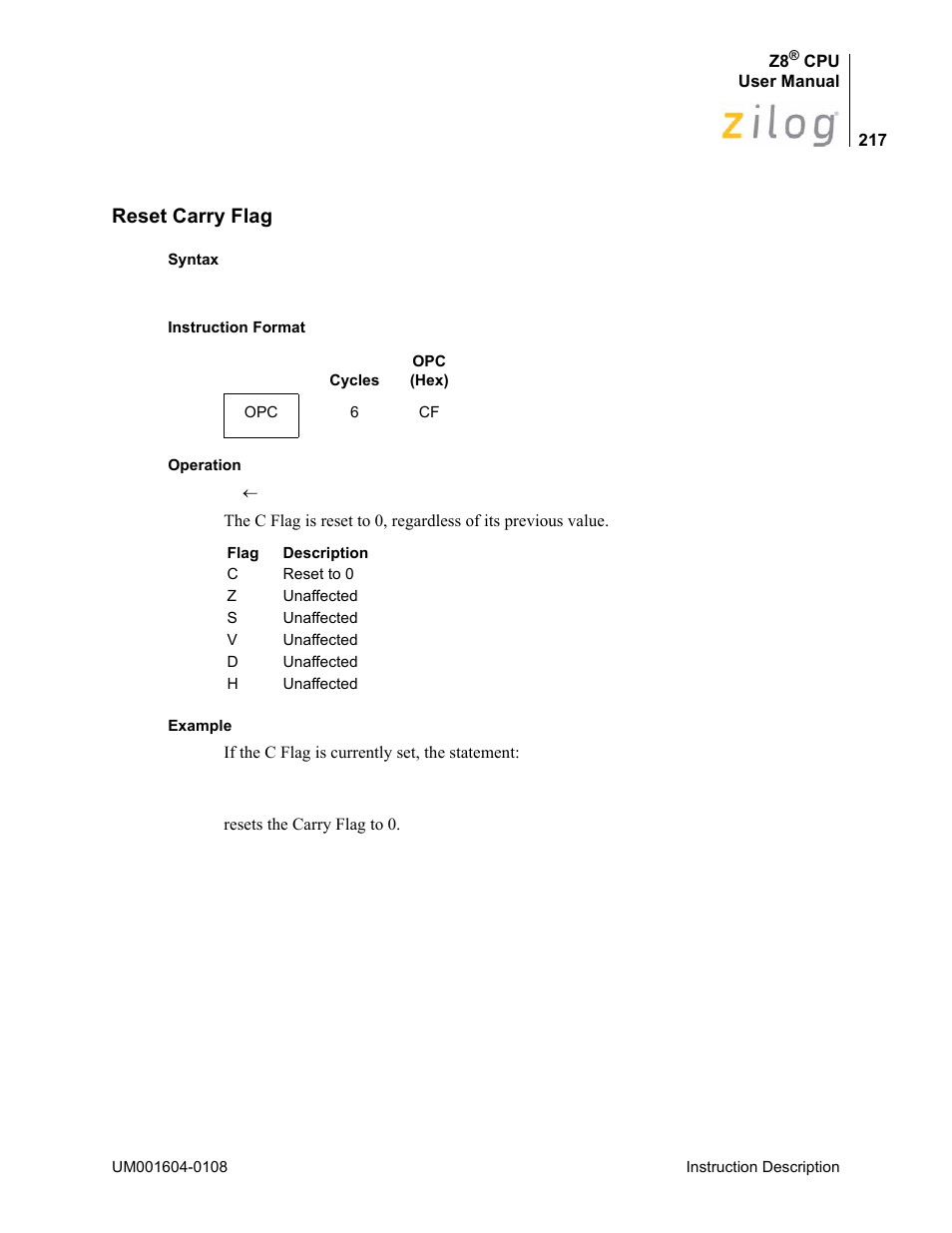 Reset carry flag | Zilog Z86193 User Manual | Page 224 / 260