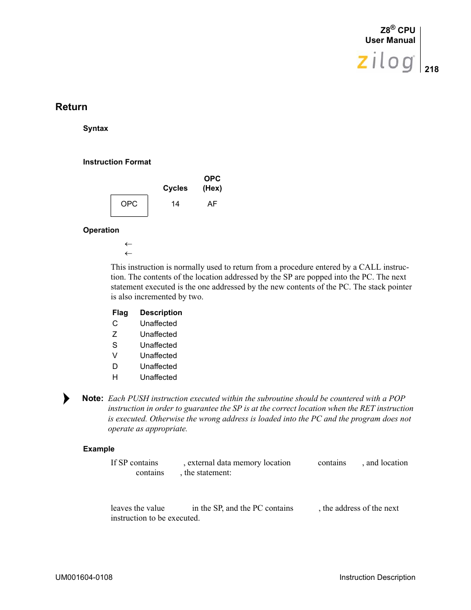 Return | Zilog Z86193 User Manual | Page 225 / 260