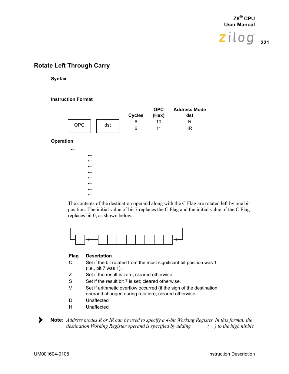 Rotate left through carry | Zilog Z86193 User Manual | Page 228 / 260