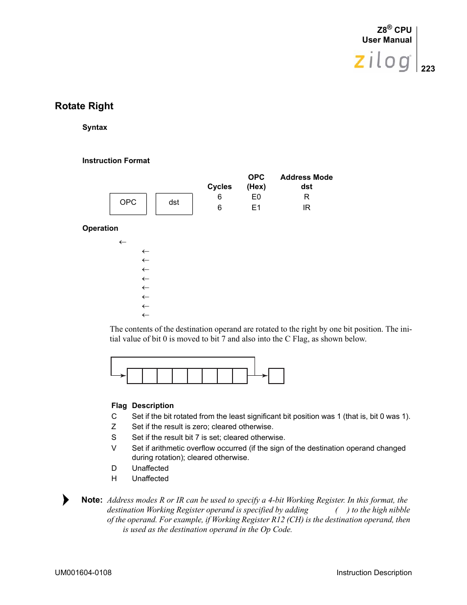 Rotate right | Zilog Z86193 User Manual | Page 230 / 260