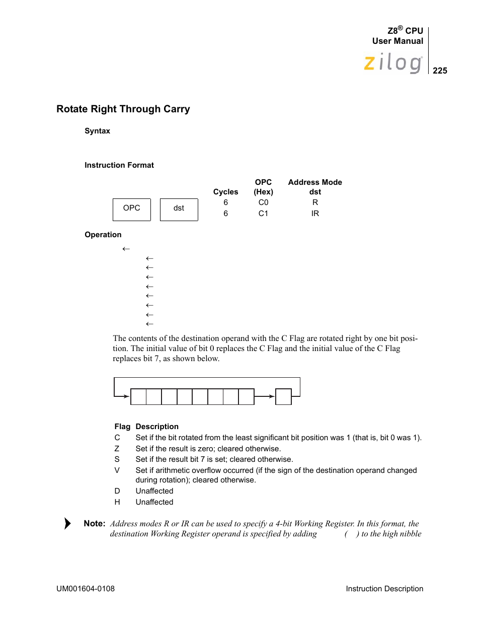 Rotate right through carry | Zilog Z86193 User Manual | Page 232 / 260