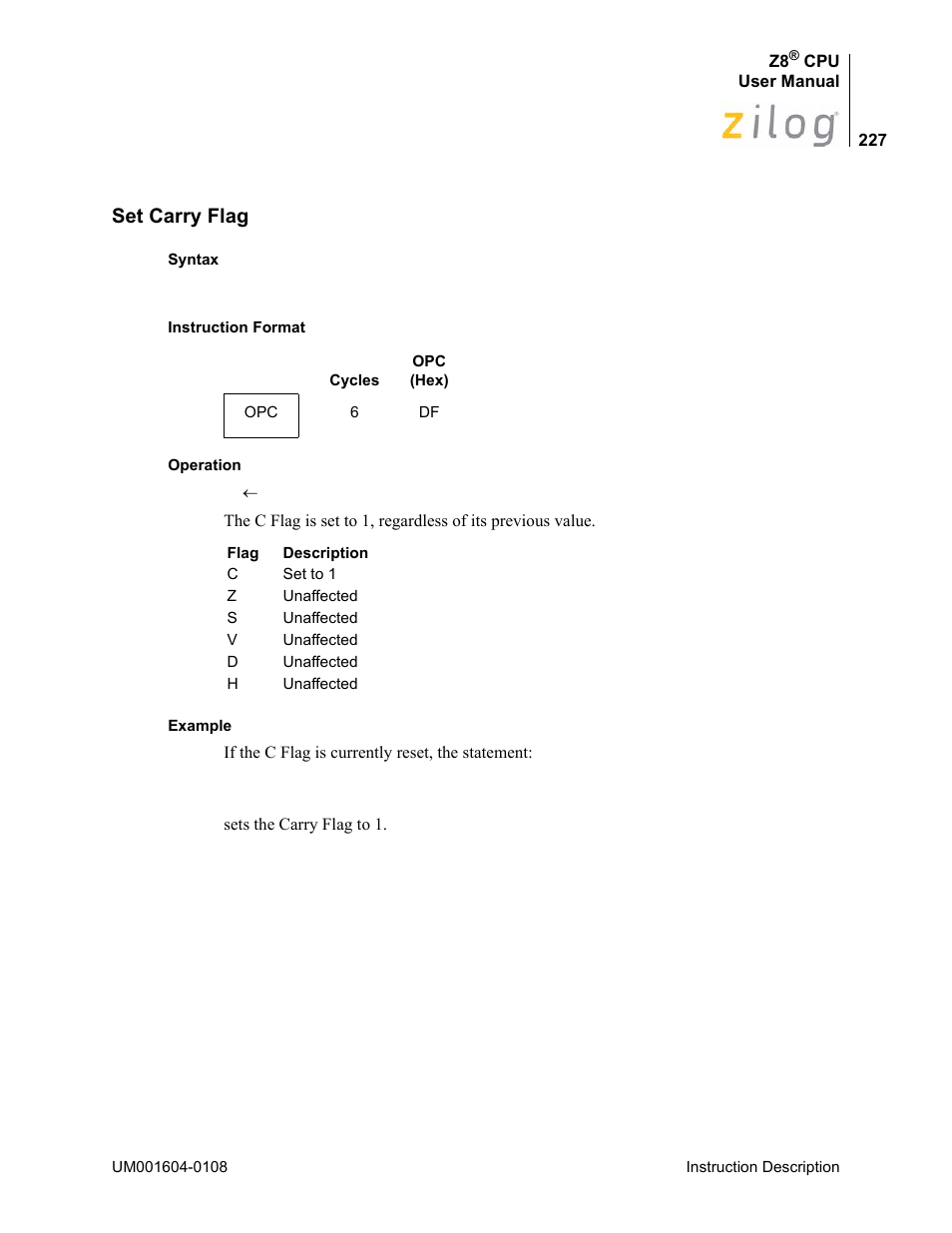 Set carry flag | Zilog Z86193 User Manual | Page 234 / 260