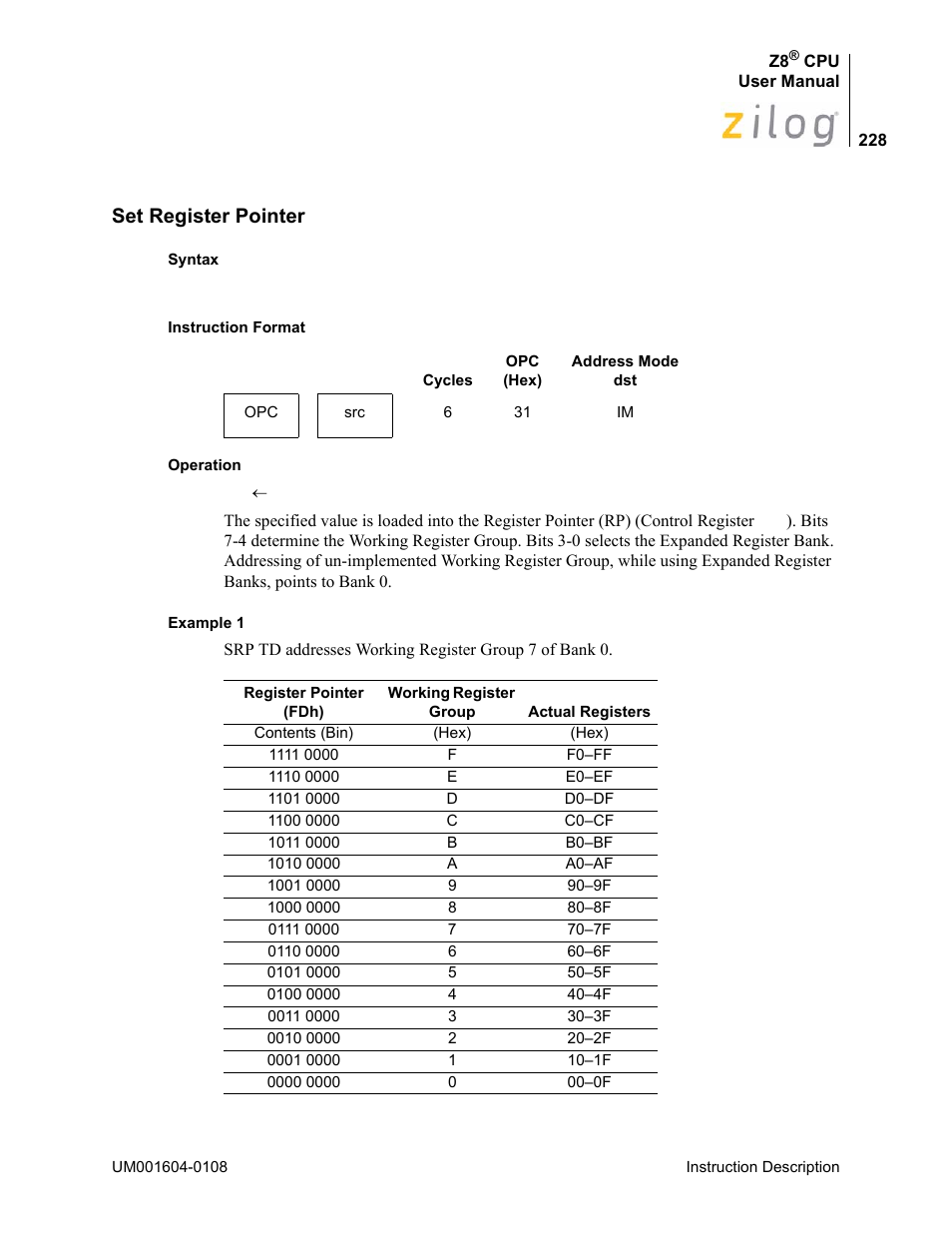 Set register pointer | Zilog Z86193 User Manual | Page 235 / 260