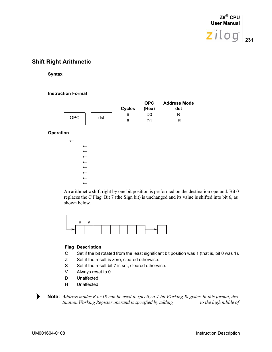 Shift right arithmetic | Zilog Z86193 User Manual | Page 238 / 260