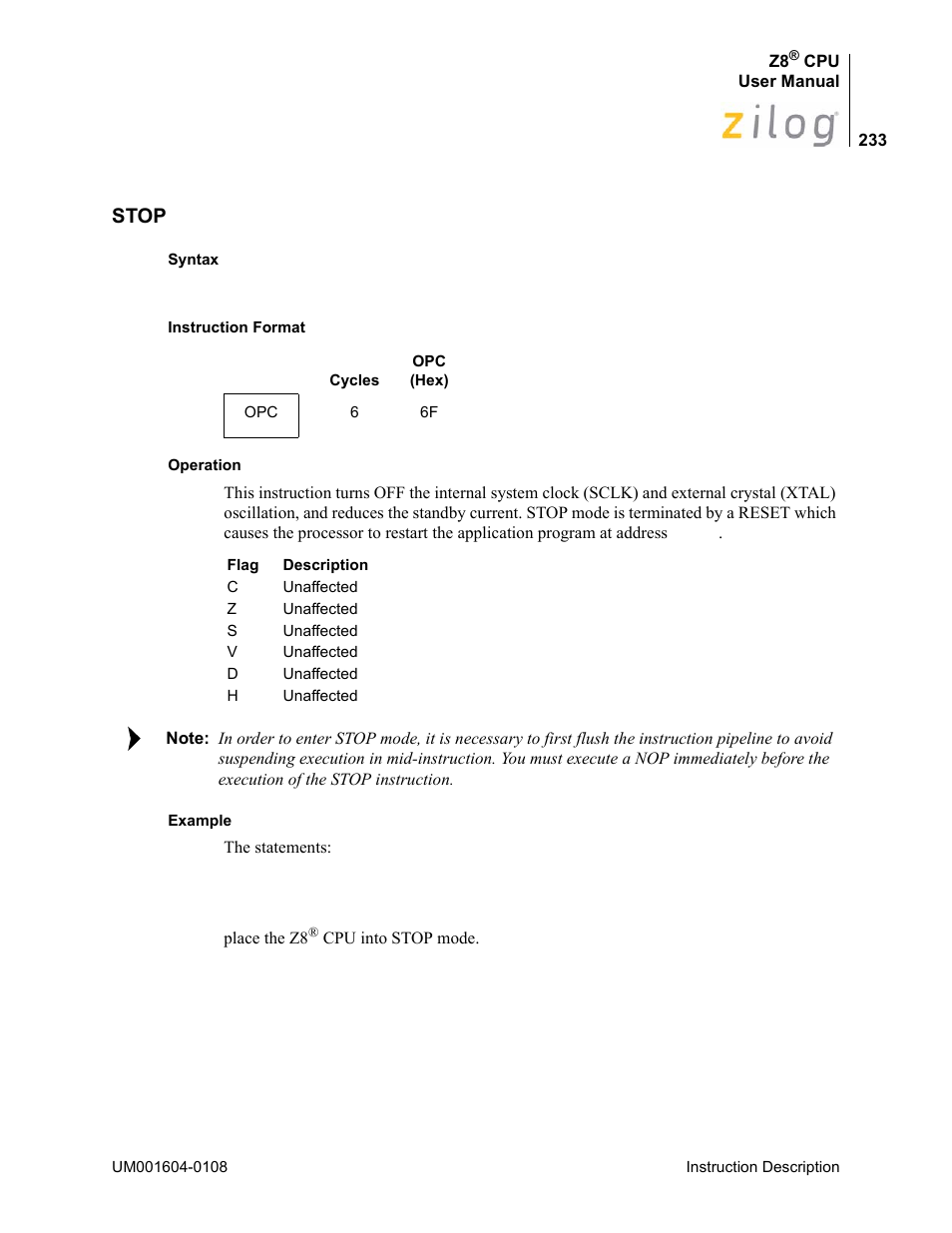 Stop | Zilog Z86193 User Manual | Page 240 / 260