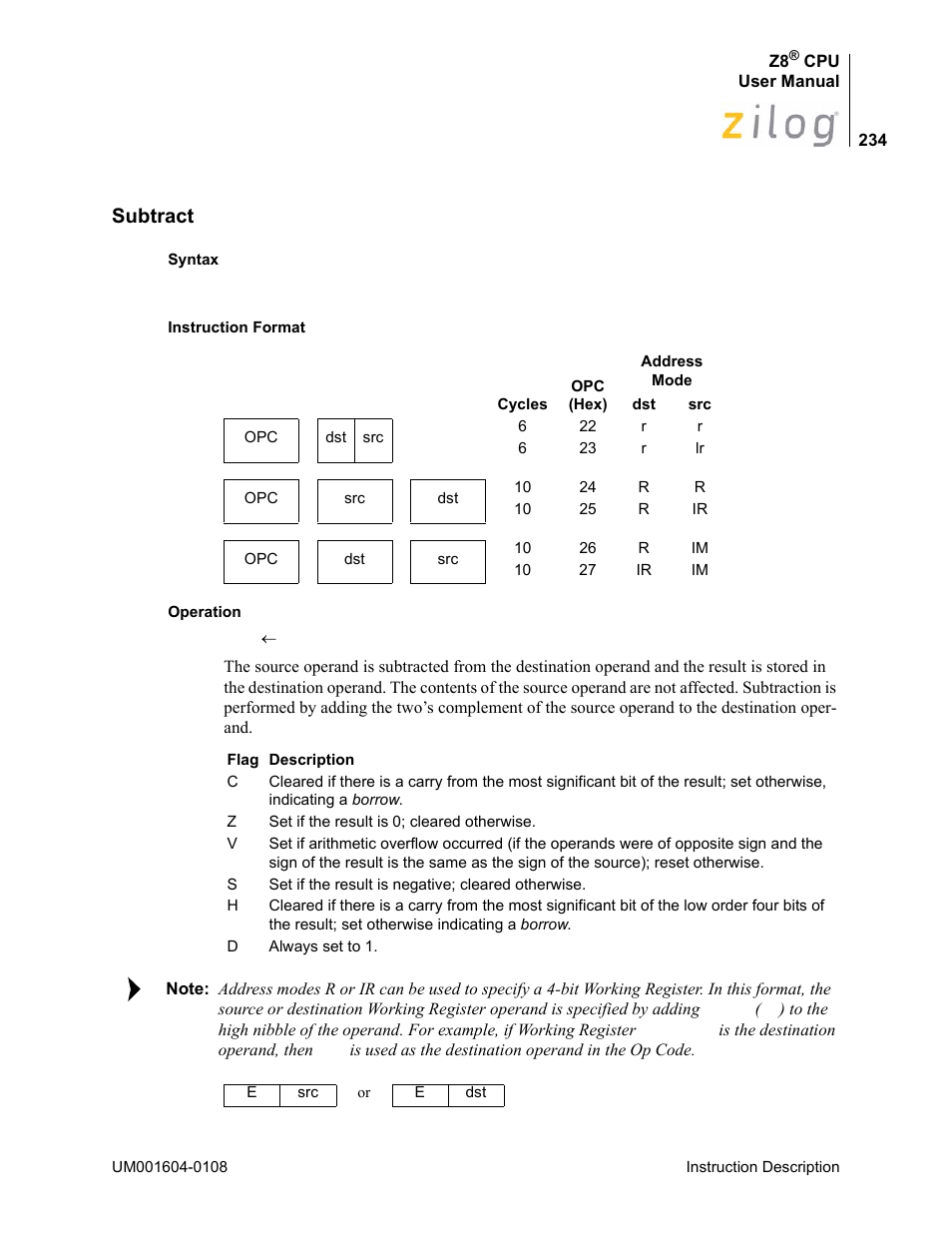 Subtract | Zilog Z86193 User Manual | Page 241 / 260