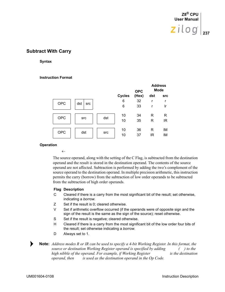 Subtract with carry | Zilog Z86193 User Manual | Page 244 / 260