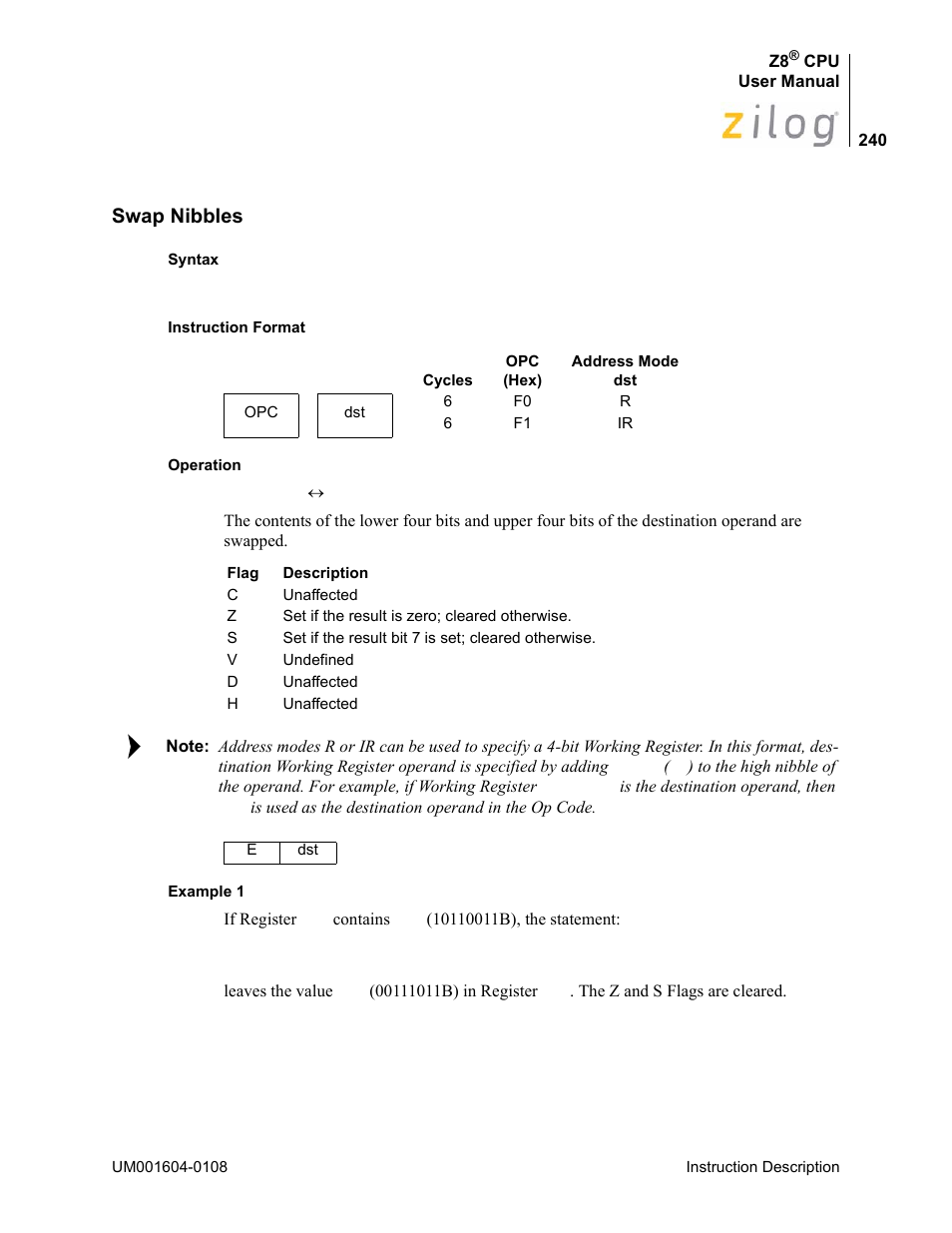 Swap nibbles | Zilog Z86193 User Manual | Page 247 / 260