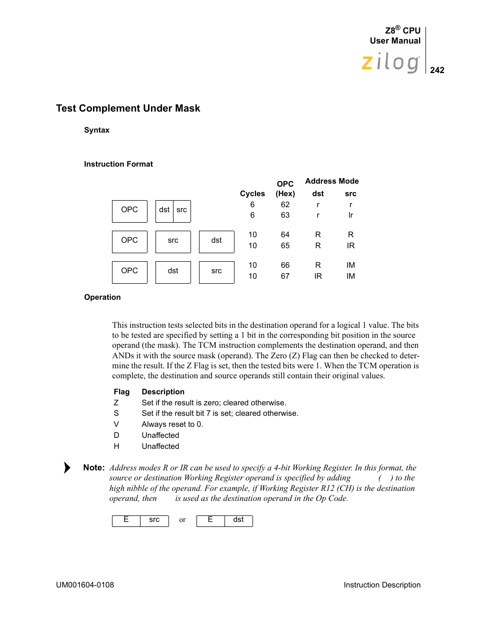 Test complement under mask | Zilog Z86193 User Manual | Page 249 / 260