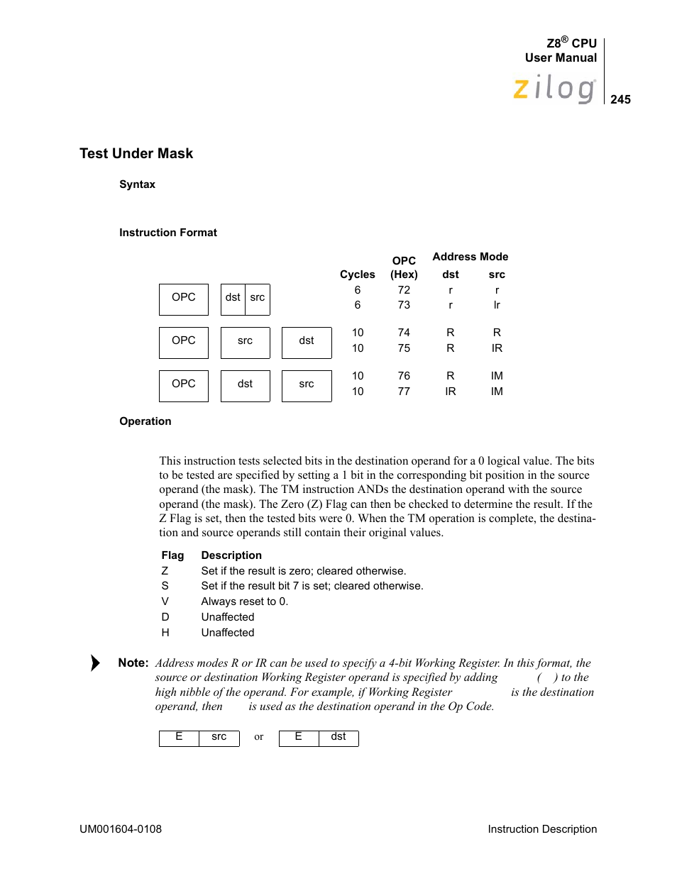 Test under mask | Zilog Z86193 User Manual | Page 252 / 260