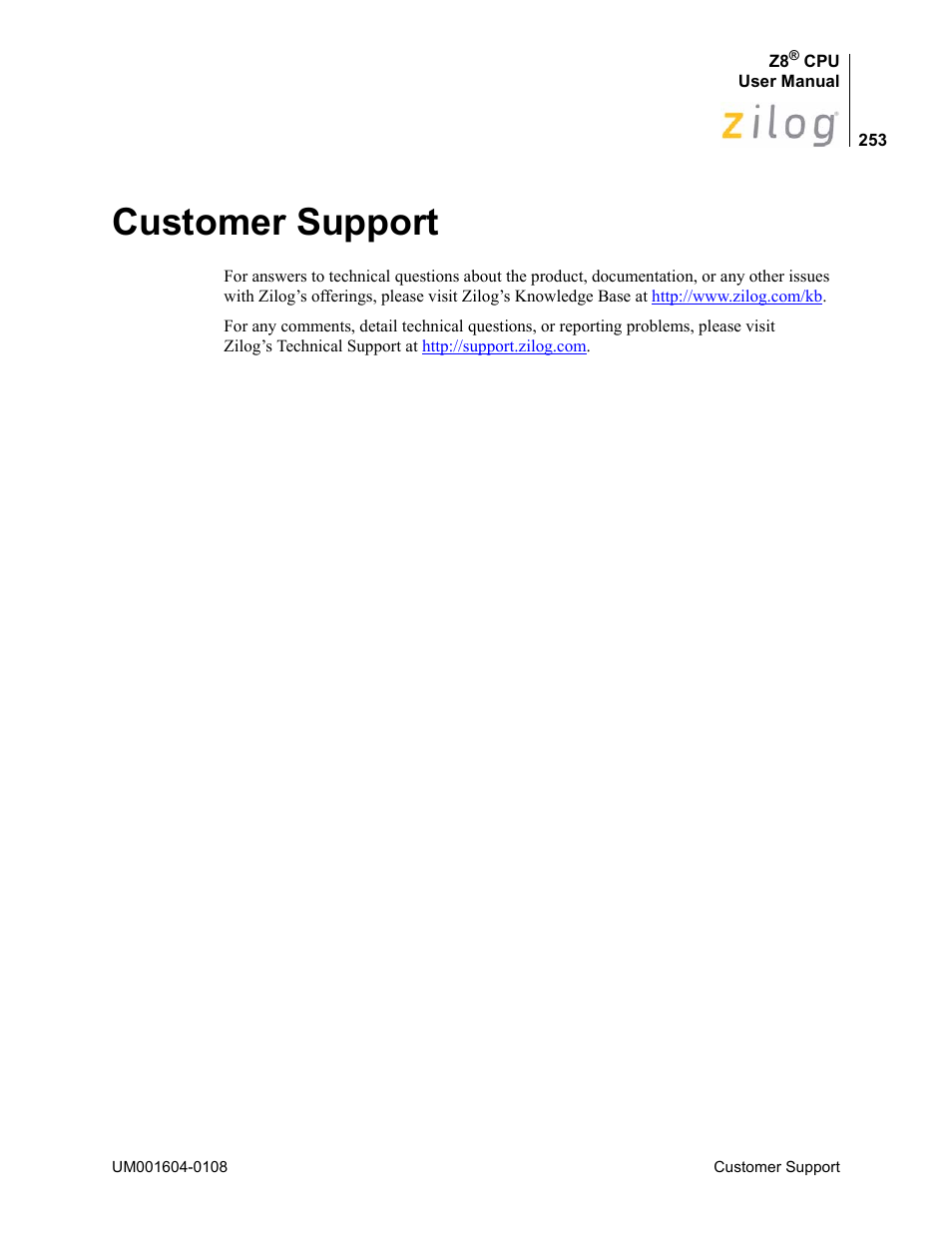 Customer support, Technical support 253 | Zilog Z86193 User Manual | Page 260 / 260