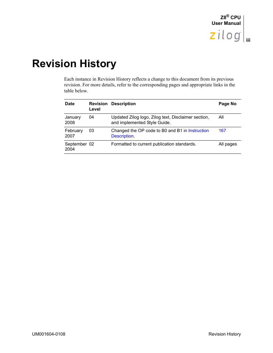 Revision history | Zilog Z86193 User Manual | Page 3 / 260