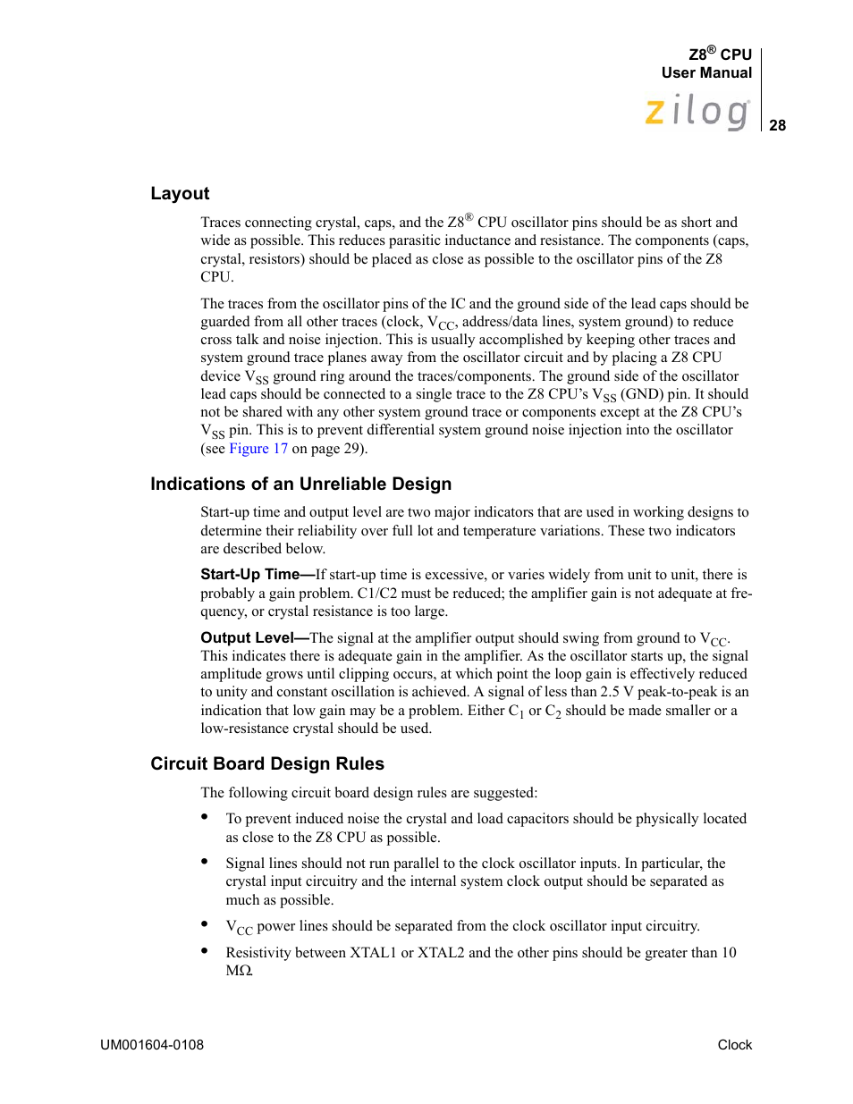 Layout, Indications of an unreliable design, Circuit board design rules | Zilog Z86193 User Manual | Page 35 / 260