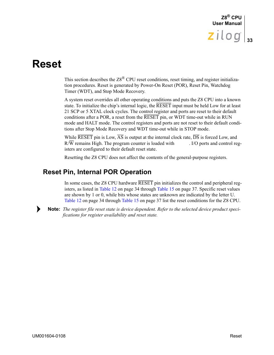 Reset, Reset pin, internal por operation | Zilog Z86193 User Manual | Page 40 / 260