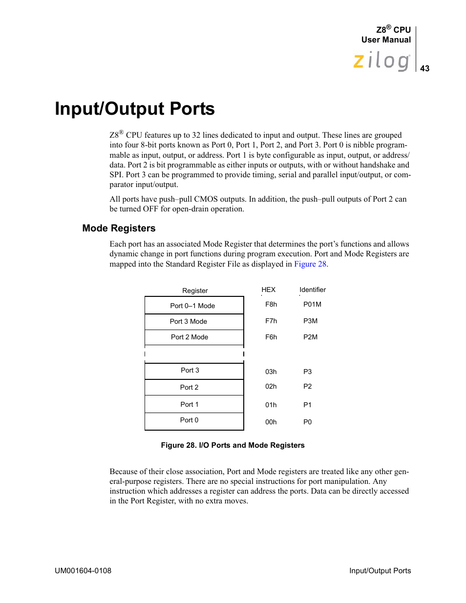 Input/output ports, Mode registers | Zilog Z86193 User Manual | Page 50 / 260