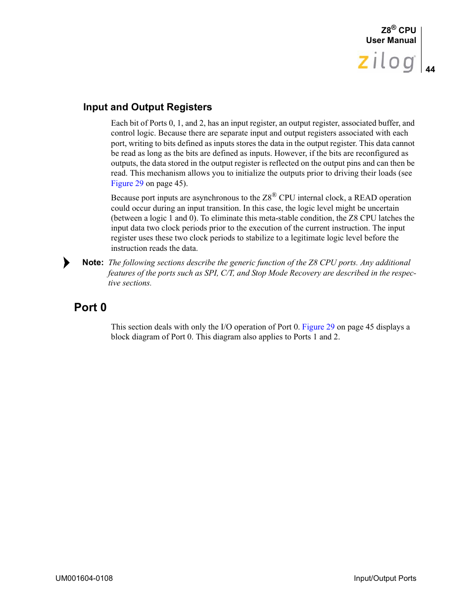 Input and output registers, Port 0 | Zilog Z86193 User Manual | Page 51 / 260