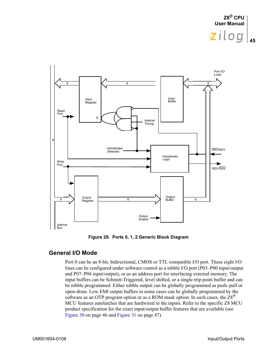 General i/o mode, Figure 29, Cpu user manual | Zilog Z86193 User Manual | Page 52 / 260