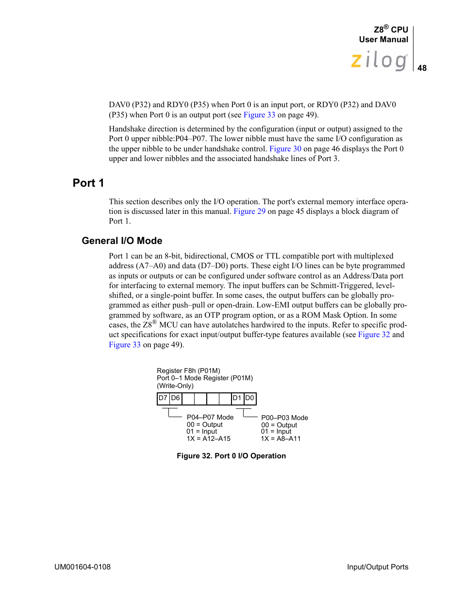 Port 1, General i/o mode | Zilog Z86193 User Manual | Page 55 / 260