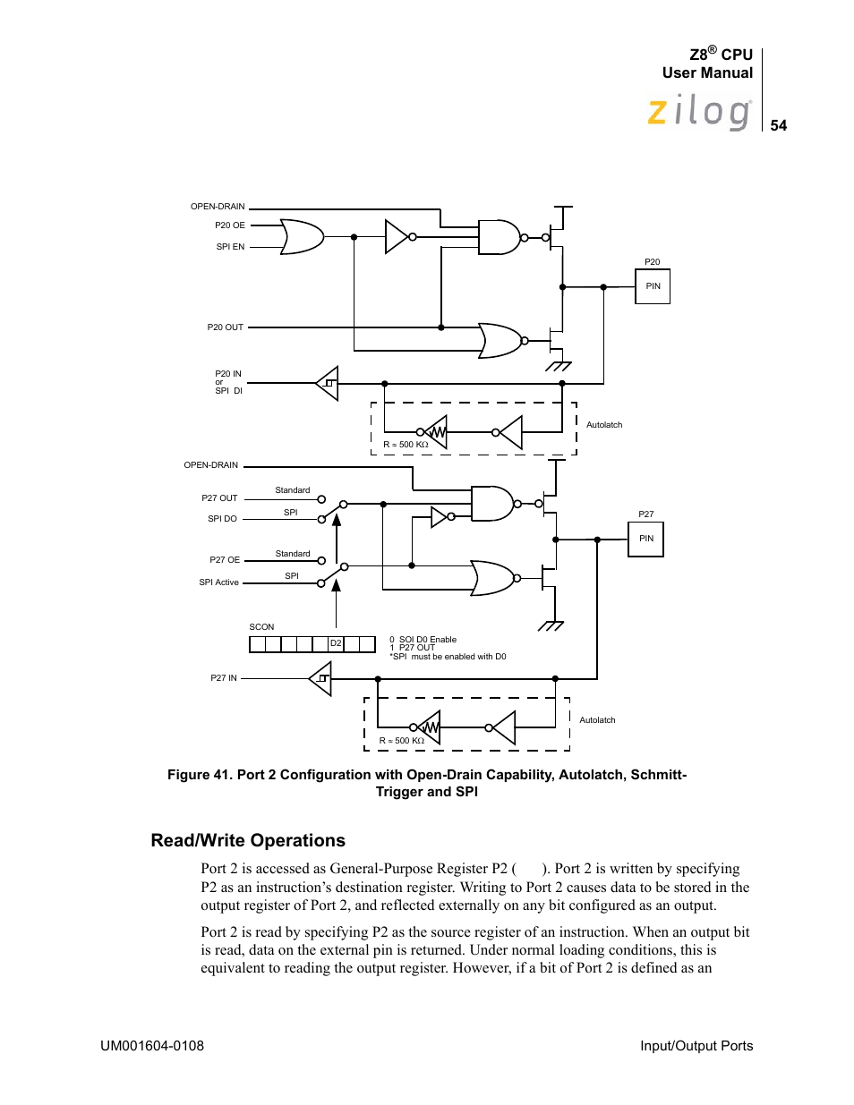 Read/write operations, Figure 41, Cpu user manual | Port 2 is accessed as general-purpose register p2, Input/output ports | Zilog Z86193 User Manual | Page 61 / 260