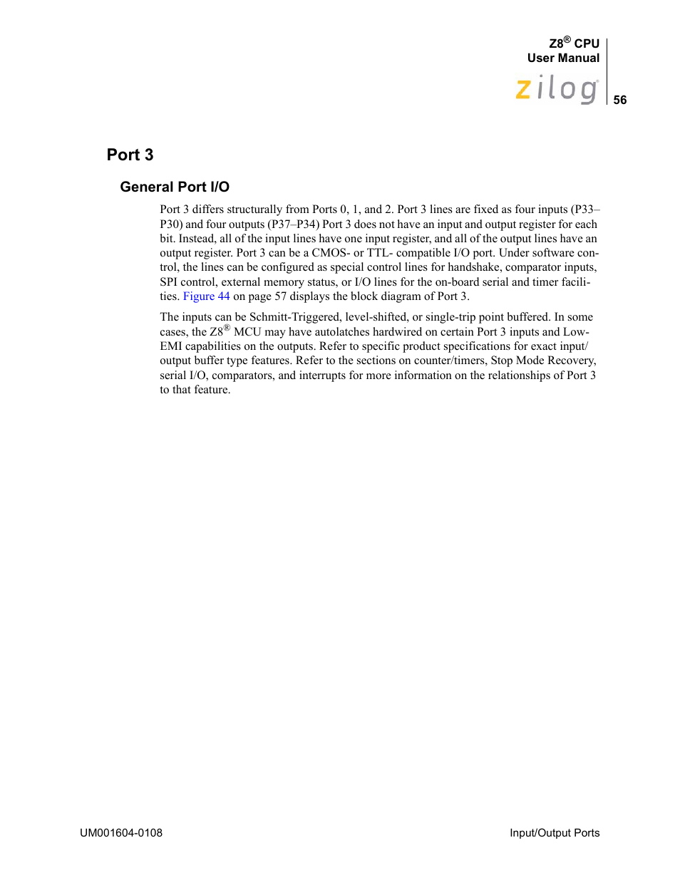 Port 3, General port i/o | Zilog Z86193 User Manual | Page 63 / 260