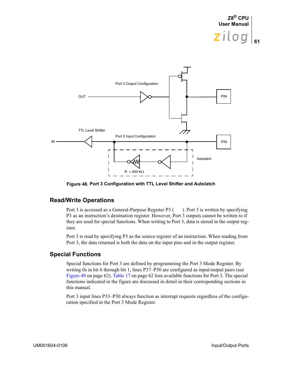 Read/write operations, Special functions, Read/write operations special functions | Zilog Z86193 User Manual | Page 68 / 260