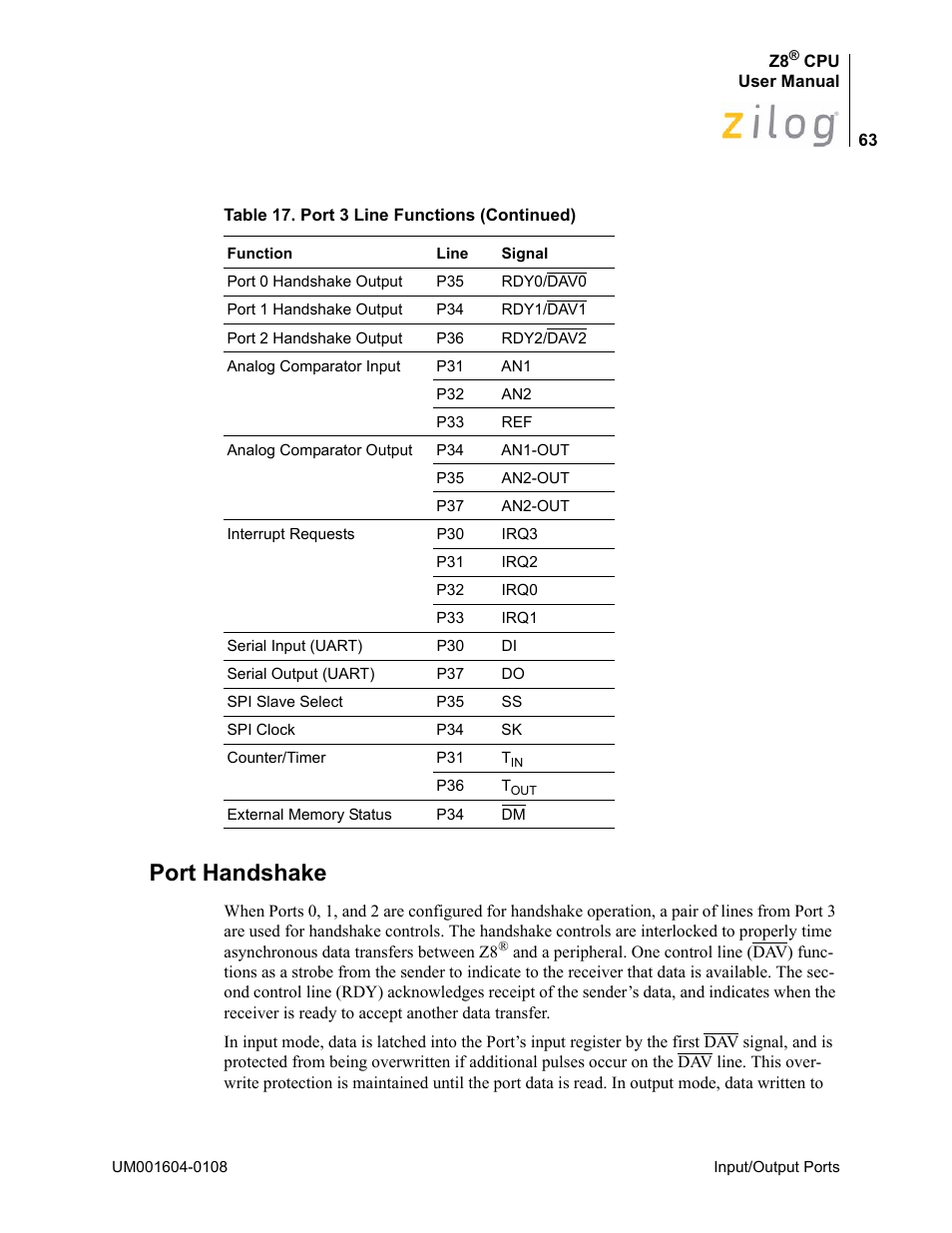 Port handshake | Zilog Z86193 User Manual | Page 70 / 260