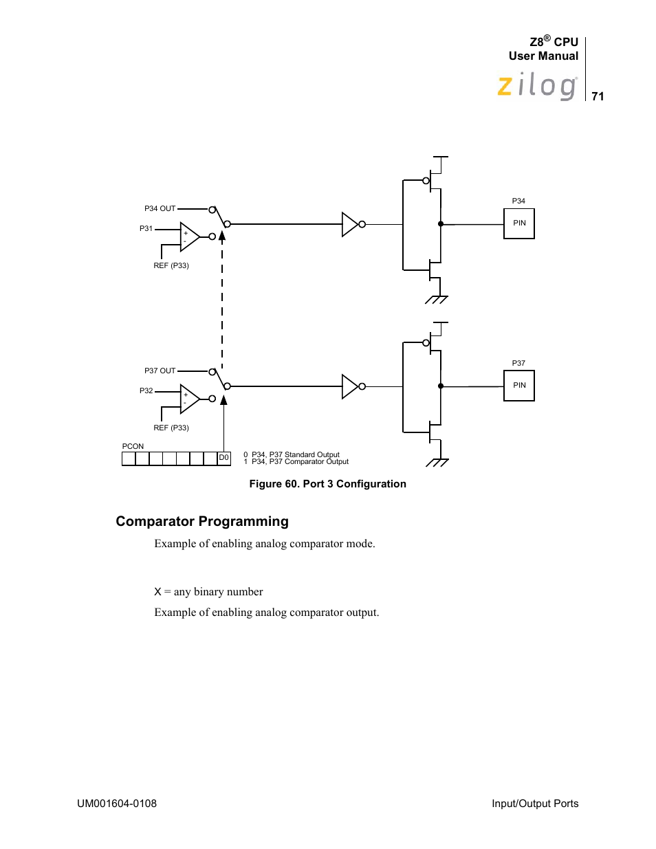 Comparator programming, Cpu user manual, Example of enabling analog comparator mode | Zilog Z86193 User Manual | Page 78 / 260