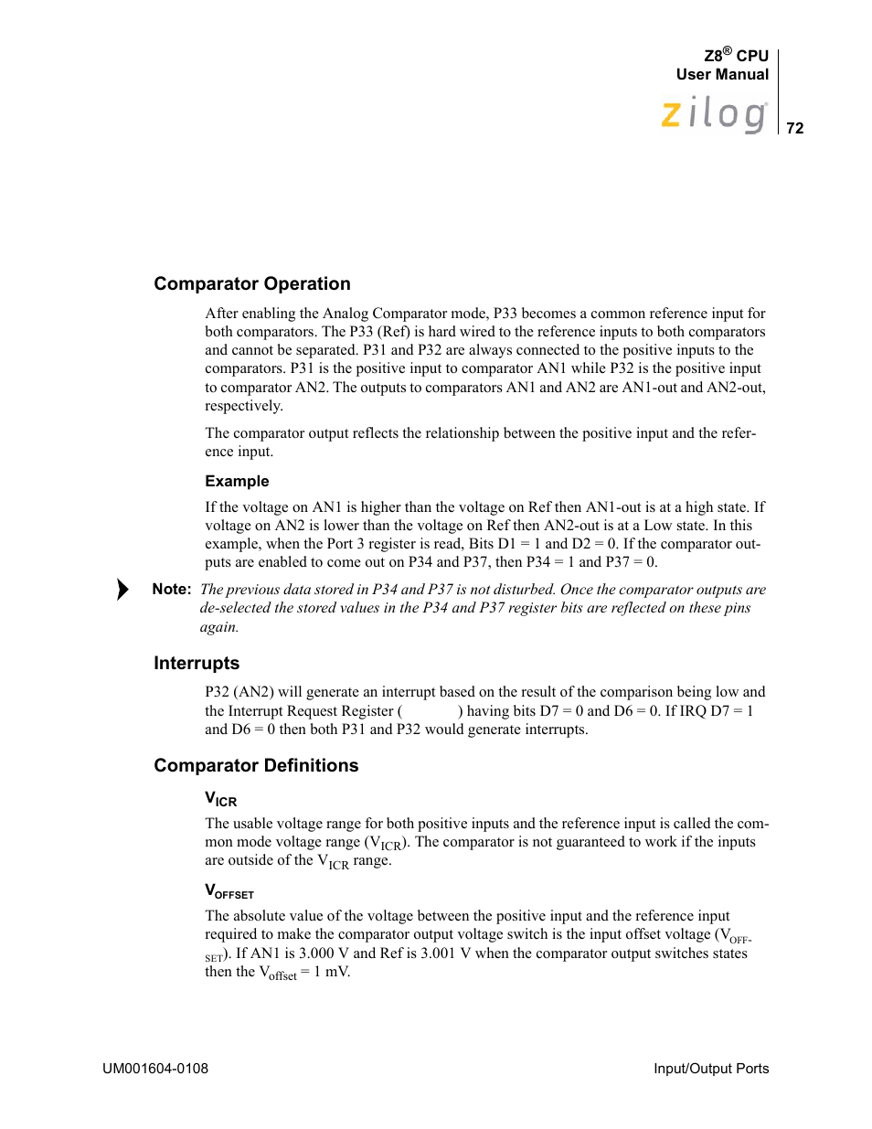 Comparator operation, Interrupts, Comparator definitions | Zilog Z86193 User Manual | Page 79 / 260