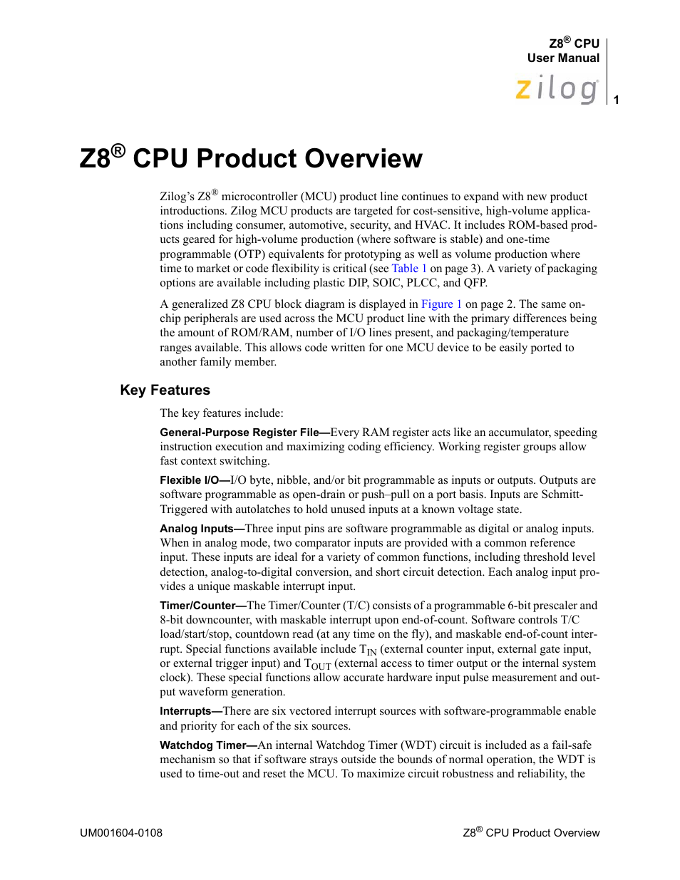 Z8® cpu product overview, Key features, Cpu product overview | Zilog Z86193 User Manual | Page 8 / 260