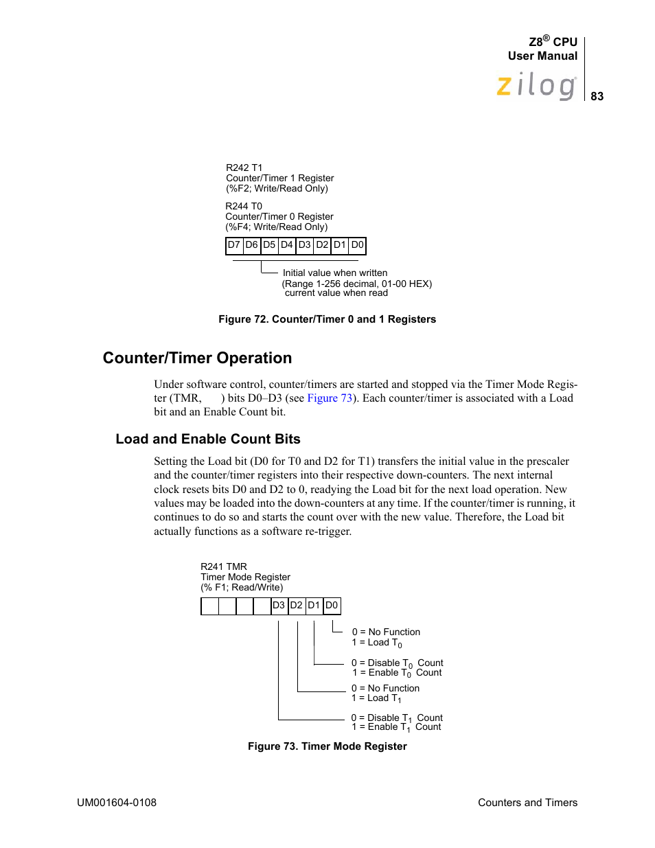 Counter/timer operation, Load and enable count bits, Figure 72 | Zilog Z86193 User Manual | Page 90 / 260