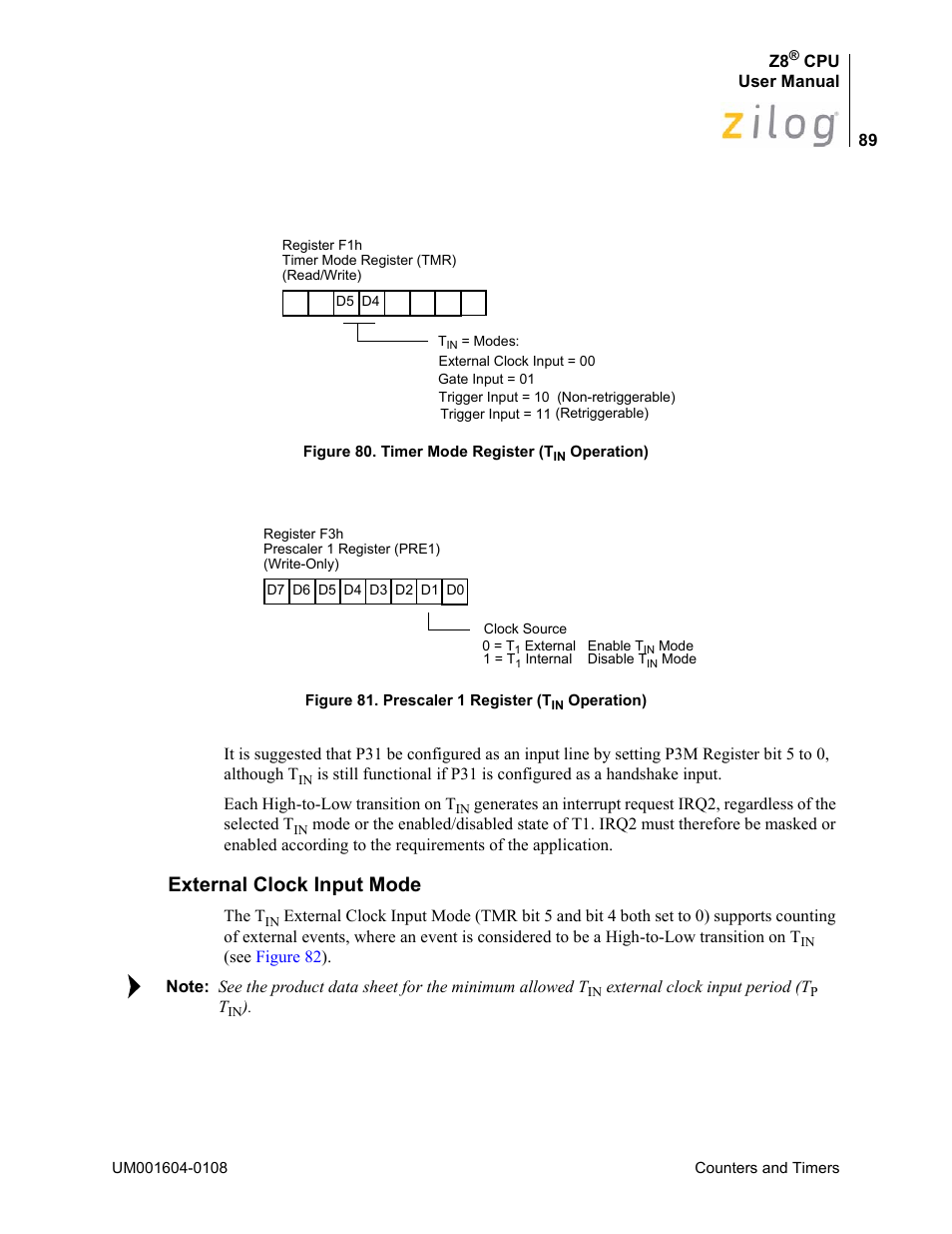 External clock input mode, Figure 80, Figure 81 | Zilog Z86193 User Manual | Page 96 / 260