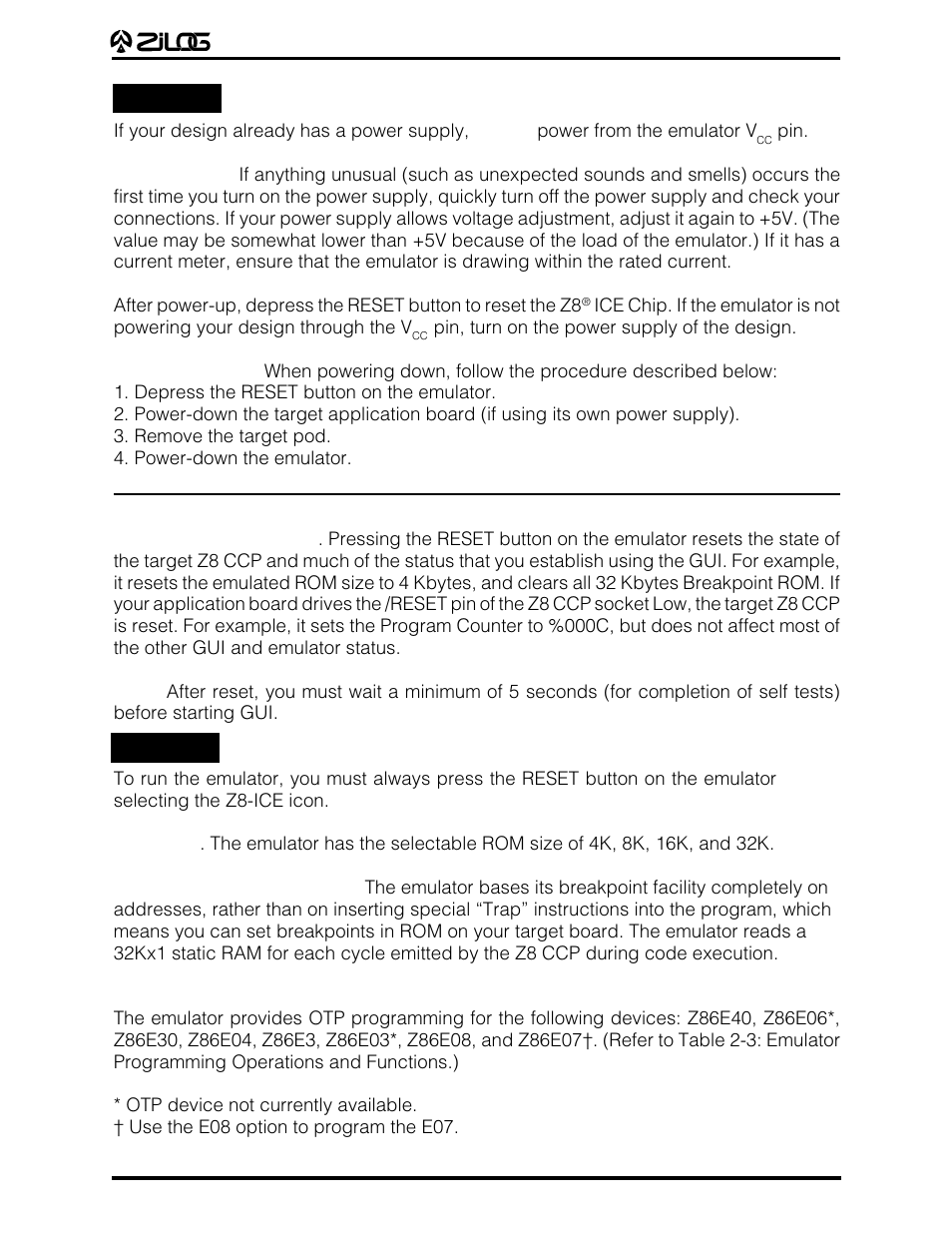 Emulator operation | Zilog Z86E07 User Manual | Page 19 / 43