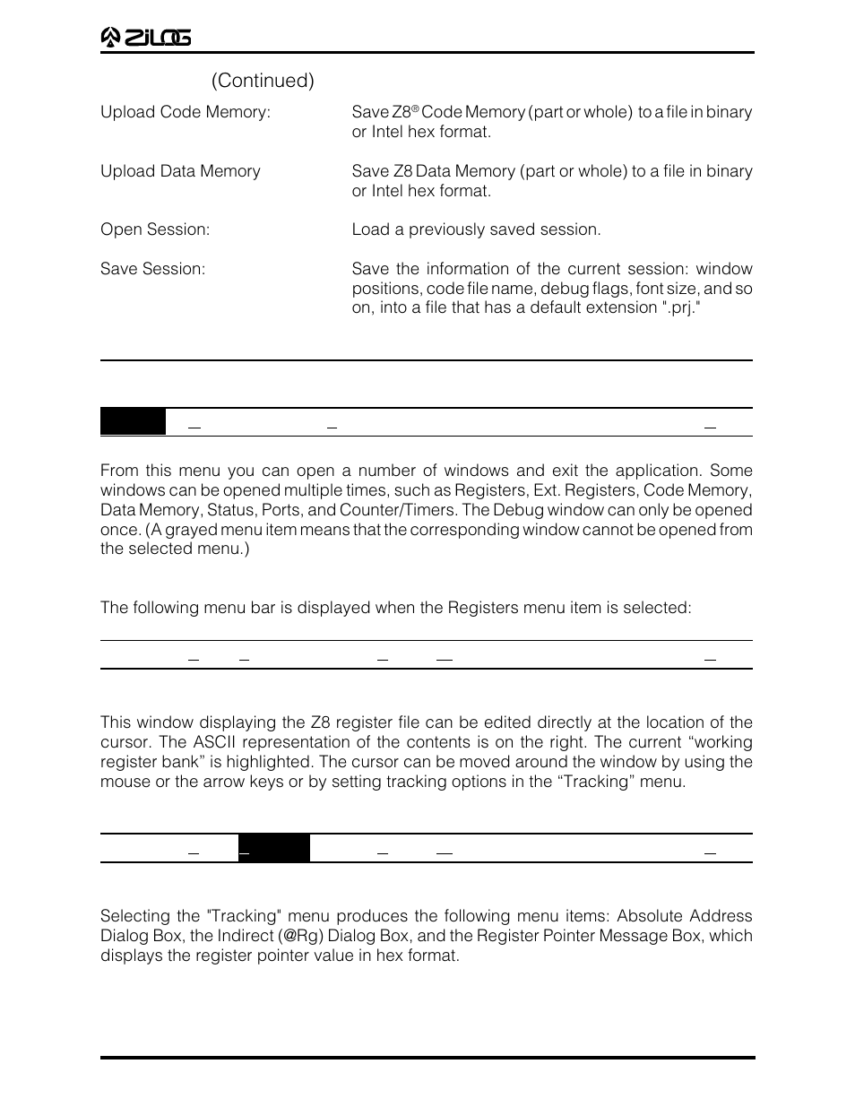 File menu (continued), Icebox menu | Zilog Z86E07 User Manual | Page 28 / 43