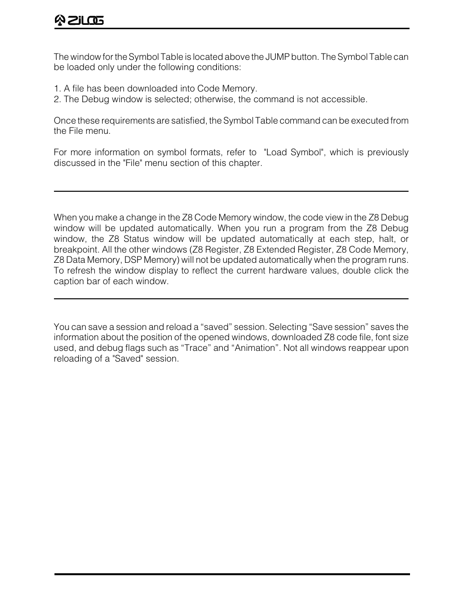 Window refreshing, Saving sessions/reloading "saved" sessions | Zilog Z86E07 User Manual | Page 36 / 43