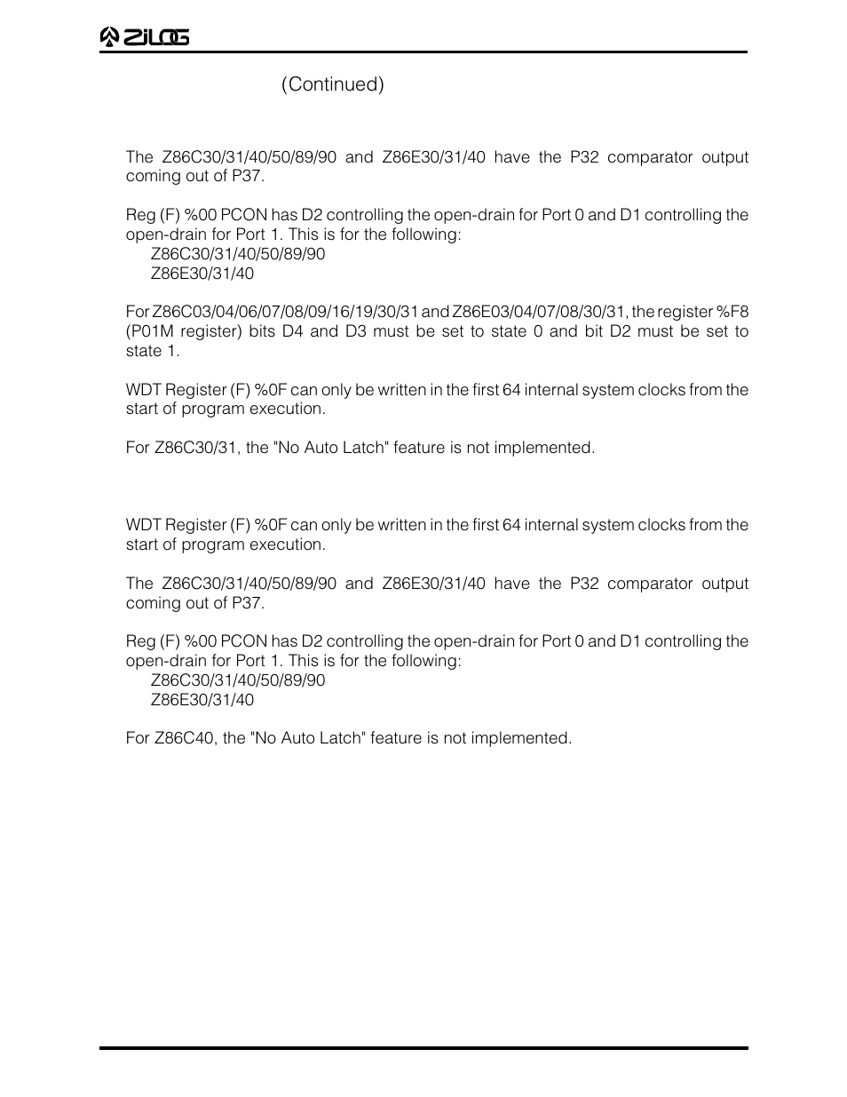 Precaution list (continued) | Zilog Z86E07 User Manual | Page 41 / 43