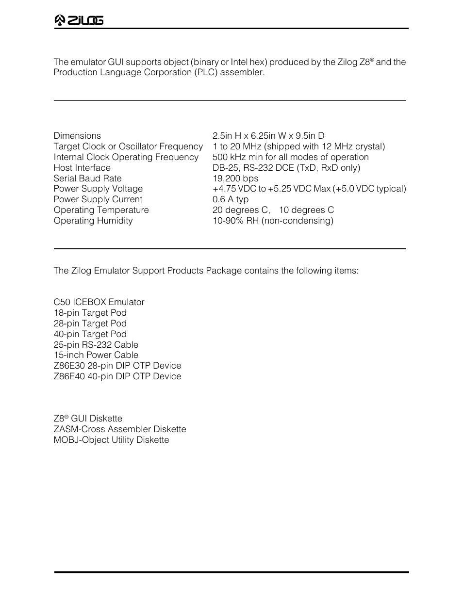 Gui-supported compiler, assembler formats, Hardware specifications, Support products package contents | Zilog Z86E07 User Manual | Page 8 / 43