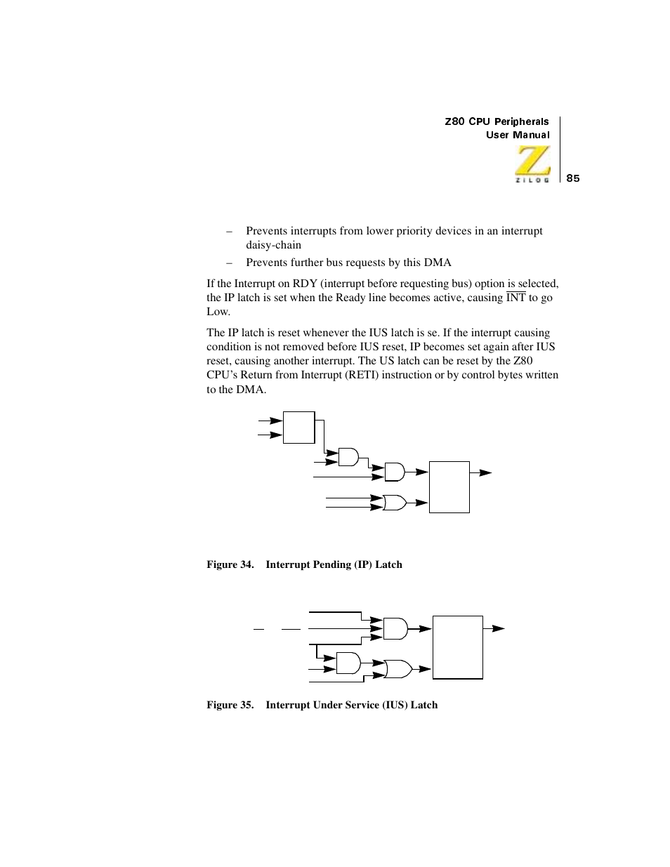 Figure 34. interrupt pending (ip) latch, Figure 35. interrupt under service (ius) latch | Zilog Z08470 User Manual | Page 103 / 330